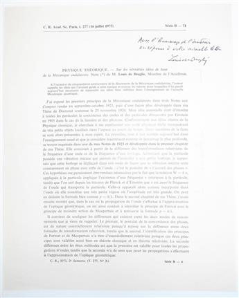 (SCIENTISTS.) BROGLIE, LOUIS VICTOR; PRINCE DE. Two offprints of his articles Signed and Inscribed, in French, on the first page: The